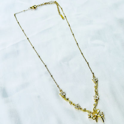 Solitaire Cubic Zirconia Bow Design American Diamond Gold Plated Stainless Steel Necklace