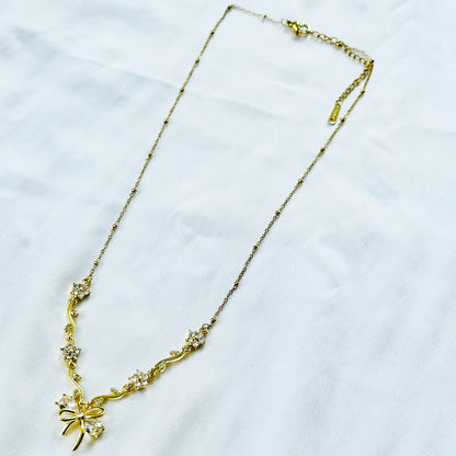 Solitaire Cubic Zirconia Bow Design American Diamond Gold Plated Stainless Steel Necklace