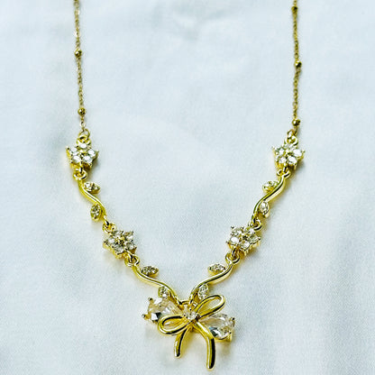Solitaire Cubic Zirconia Bow Design American Diamond Gold Plated Stainless Steel Necklace