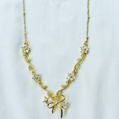 Solitaire Cubic Zirconia Bow Design American Diamond Gold Plated Stainless Steel Necklace
