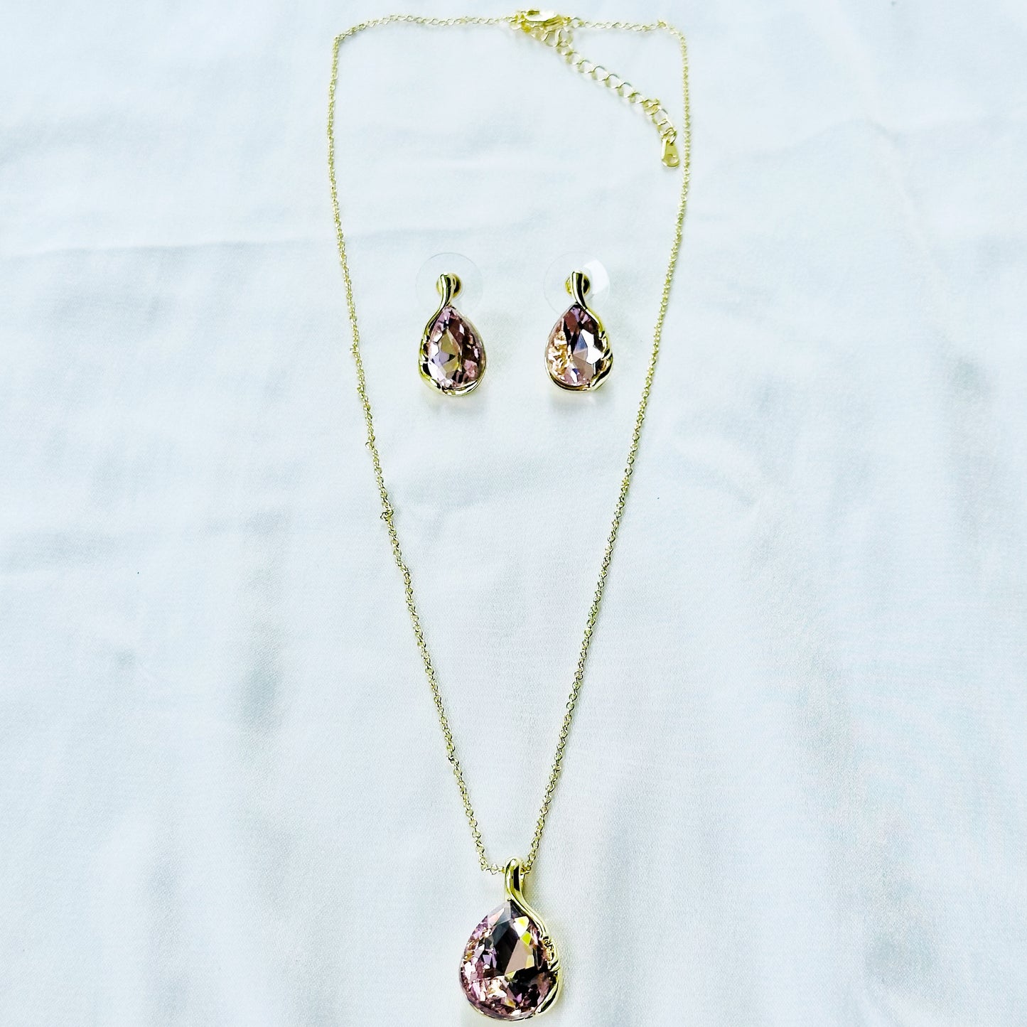 Pink Topaz Cubic Zirconia American Diamond Gold Plated Pendant Set