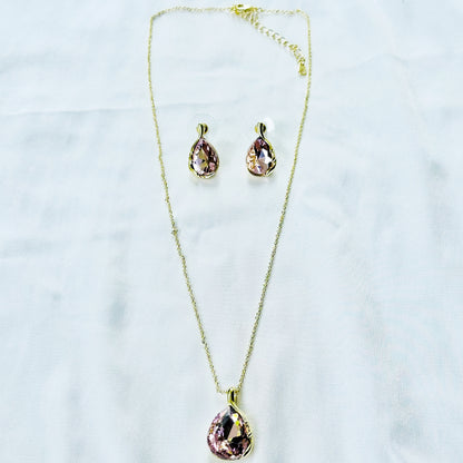 Pink Topaz Cubic Zirconia American Diamond Gold Plated Pendant Set