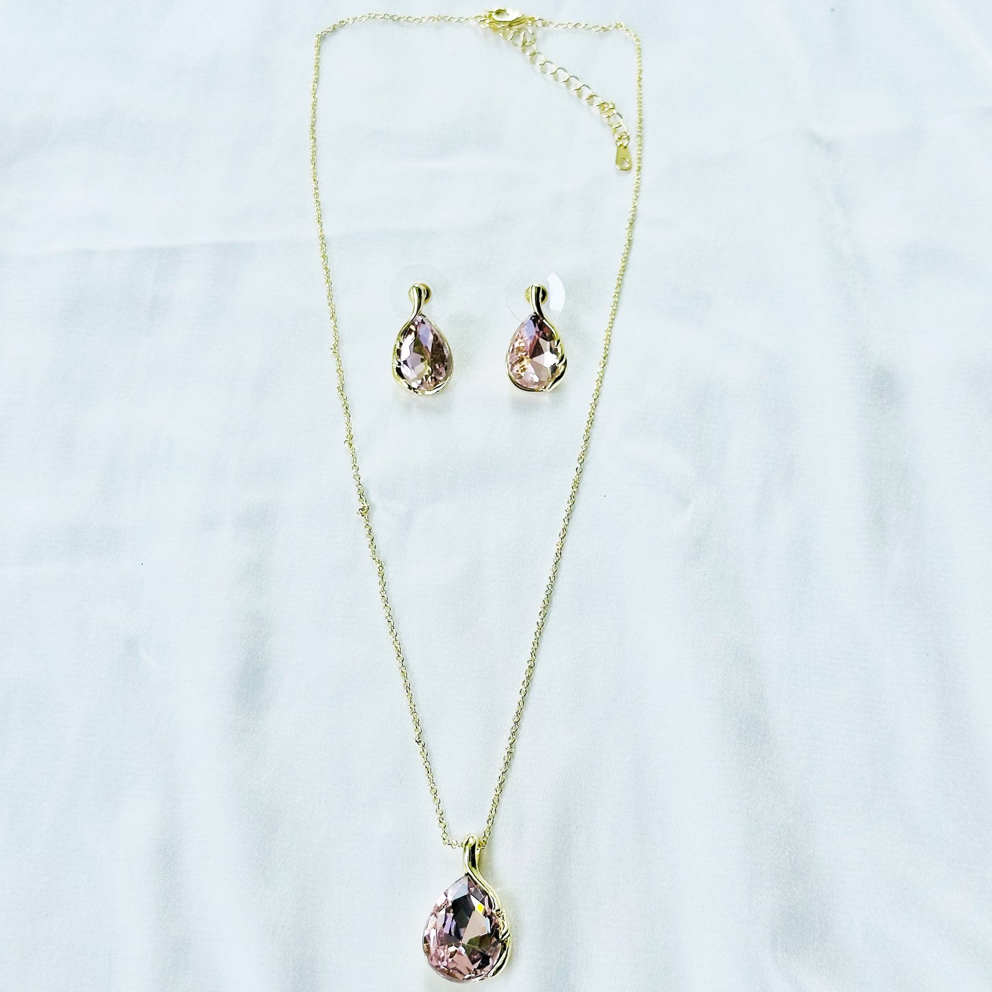 Pink Topaz Cubic Zirconia American Diamond Gold Plated Pendant Set