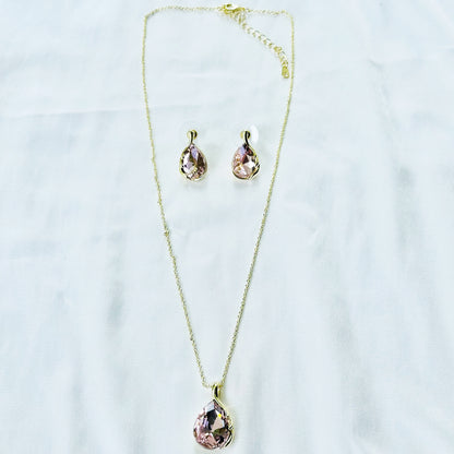 Pink Topaz Cubic Zirconia American Diamond Gold Plated Pendant Set