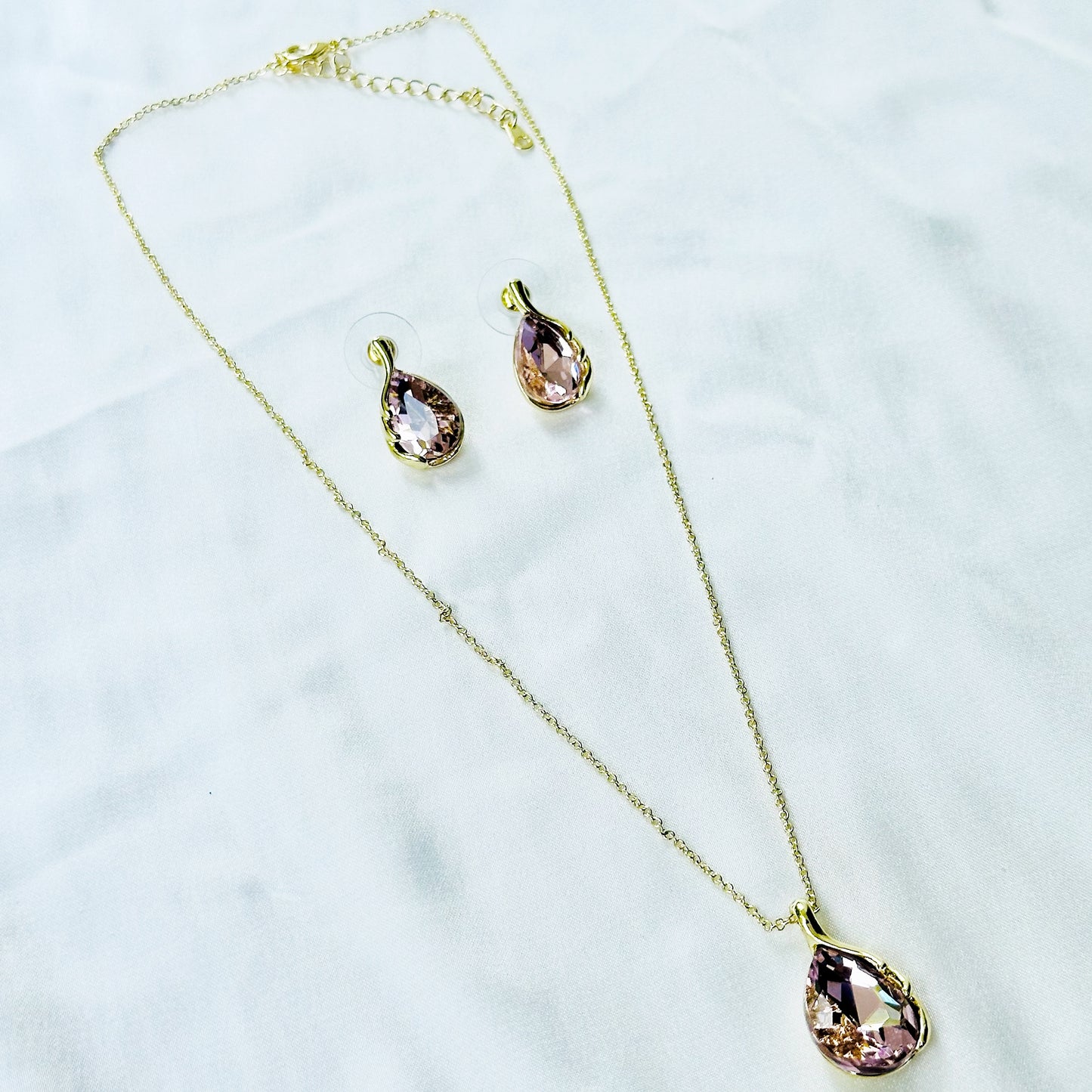 Pink Topaz Cubic Zirconia American Diamond Gold Plated Pendant Set
