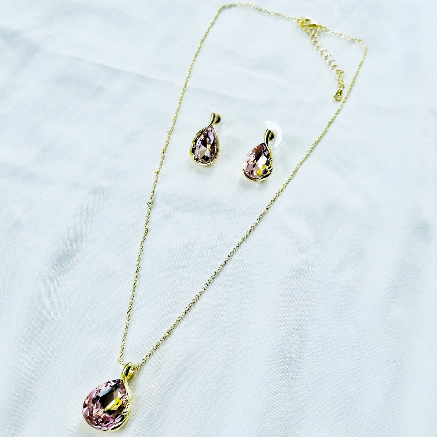 Pink Topaz Cubic Zirconia American Diamond Gold Plated Pendant Set