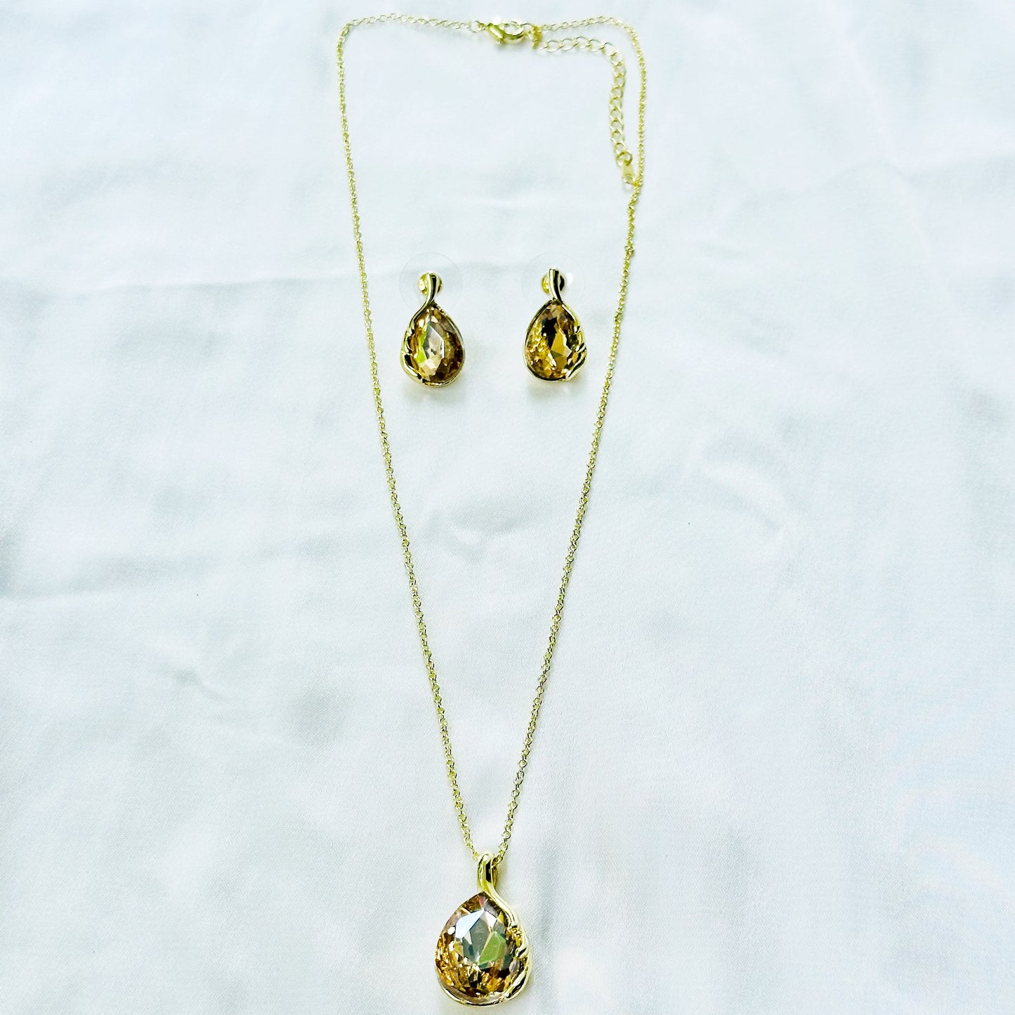 Yellow Smoked Topaz Cubic Zirconia American Diamond Gold Plated Pendant Set