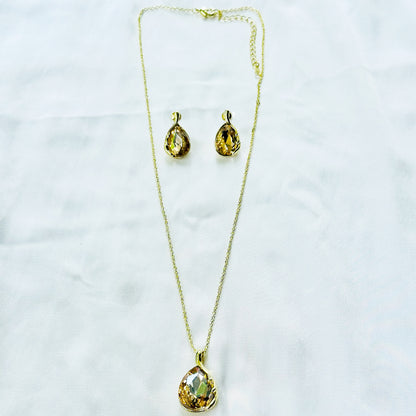 Yellow Smoked Topaz Cubic Zirconia American Diamond Gold Plated Pendant Set