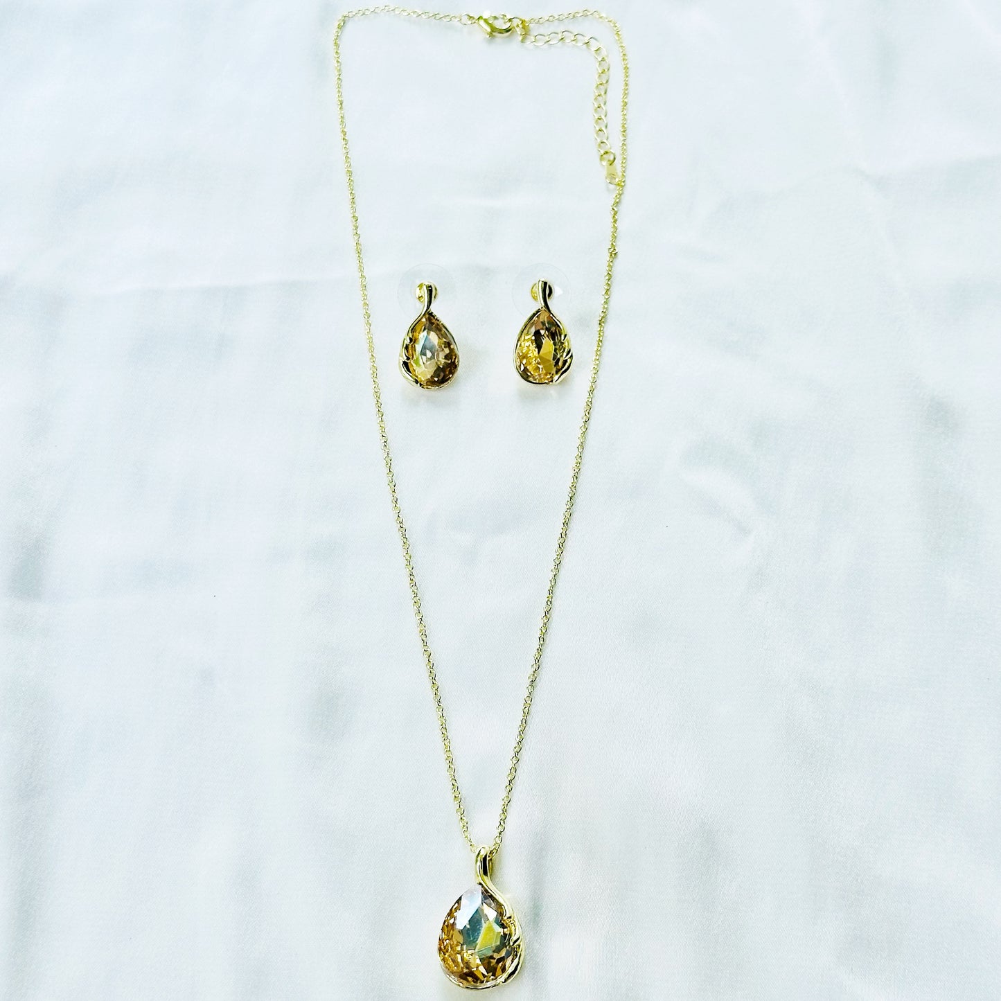 Yellow Smoked Topaz Cubic Zirconia American Diamond Gold Plated Pendant Set