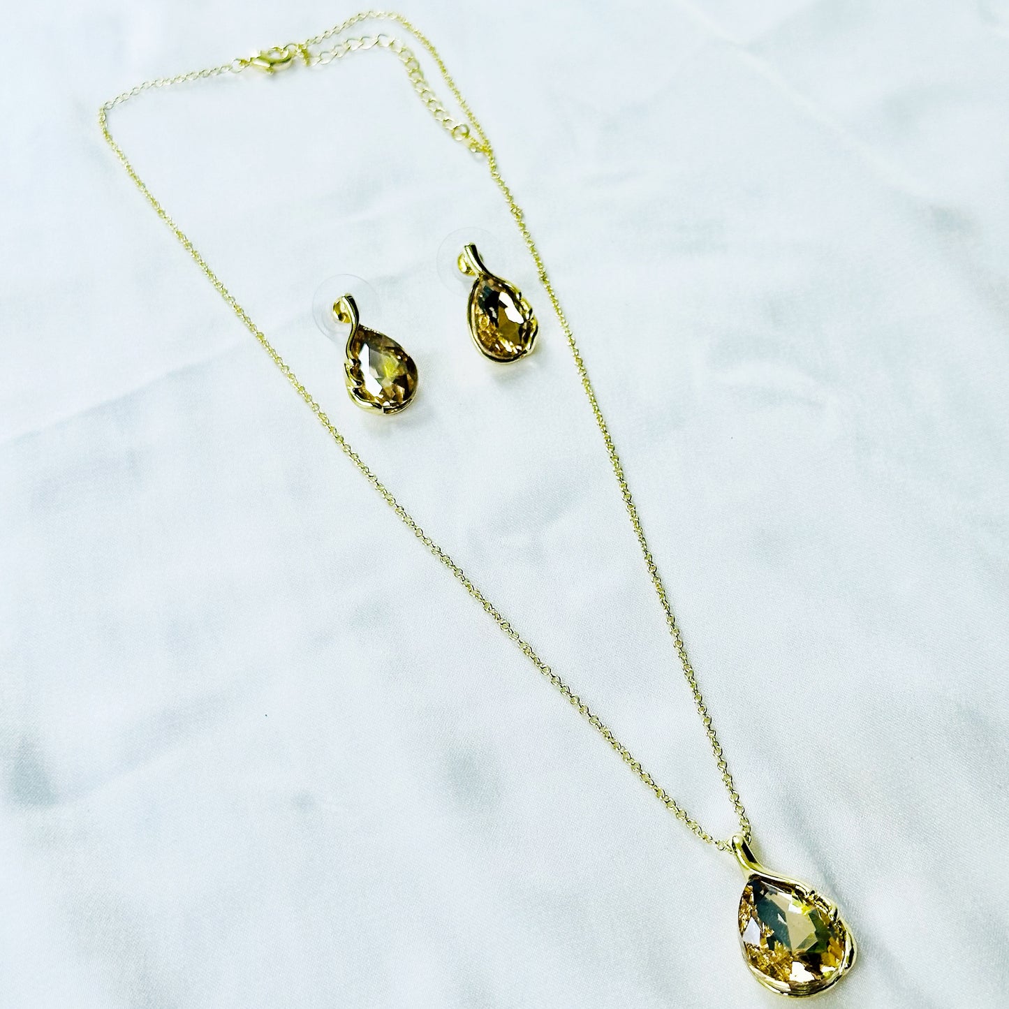 Yellow Smoked Topaz Cubic Zirconia American Diamond Gold Plated Pendant Set