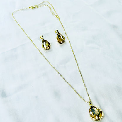 Yellow Smoked Topaz Cubic Zirconia American Diamond Gold Plated Pendant Set
