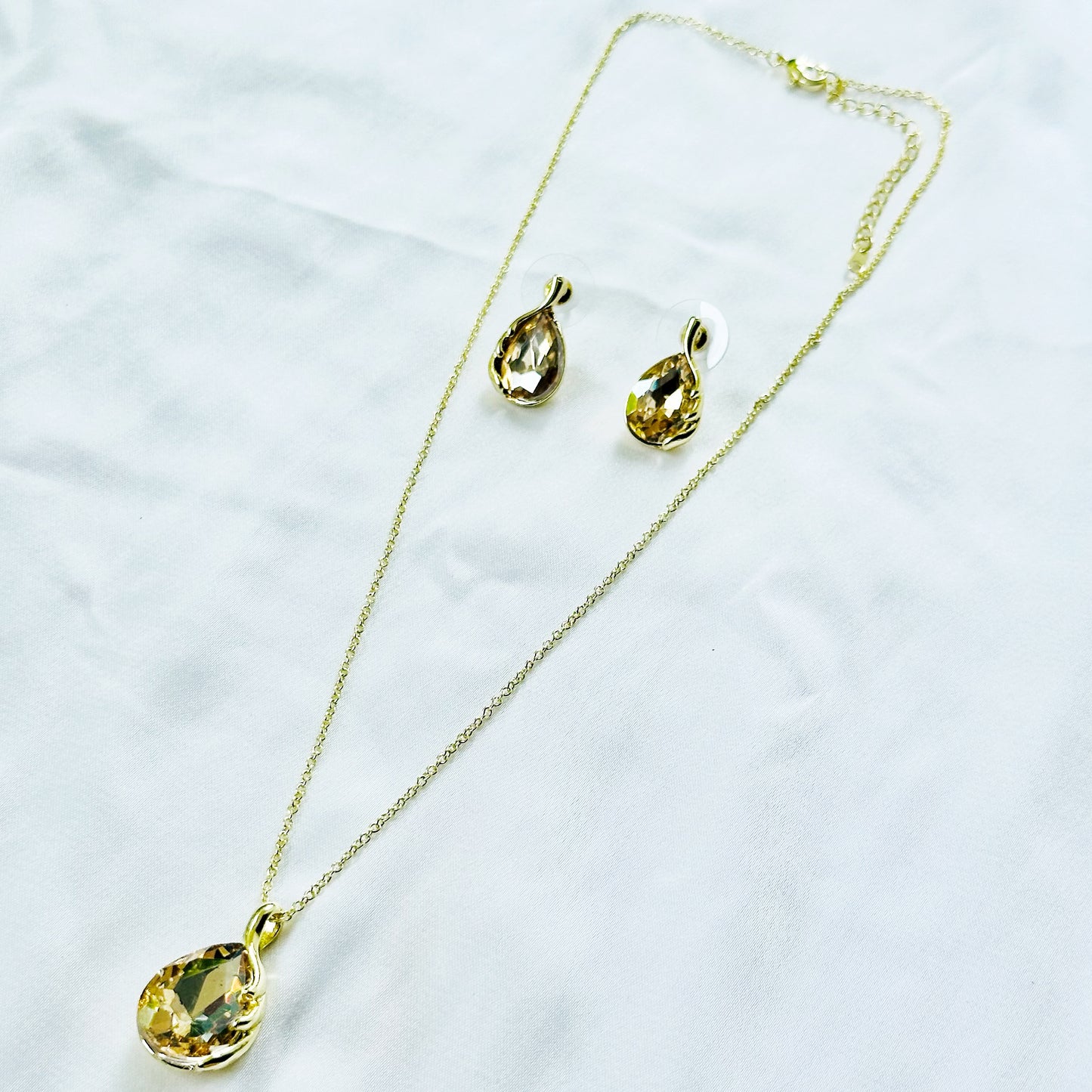 Yellow Smoked Topaz Cubic Zirconia American Diamond Gold Plated Pendant Set