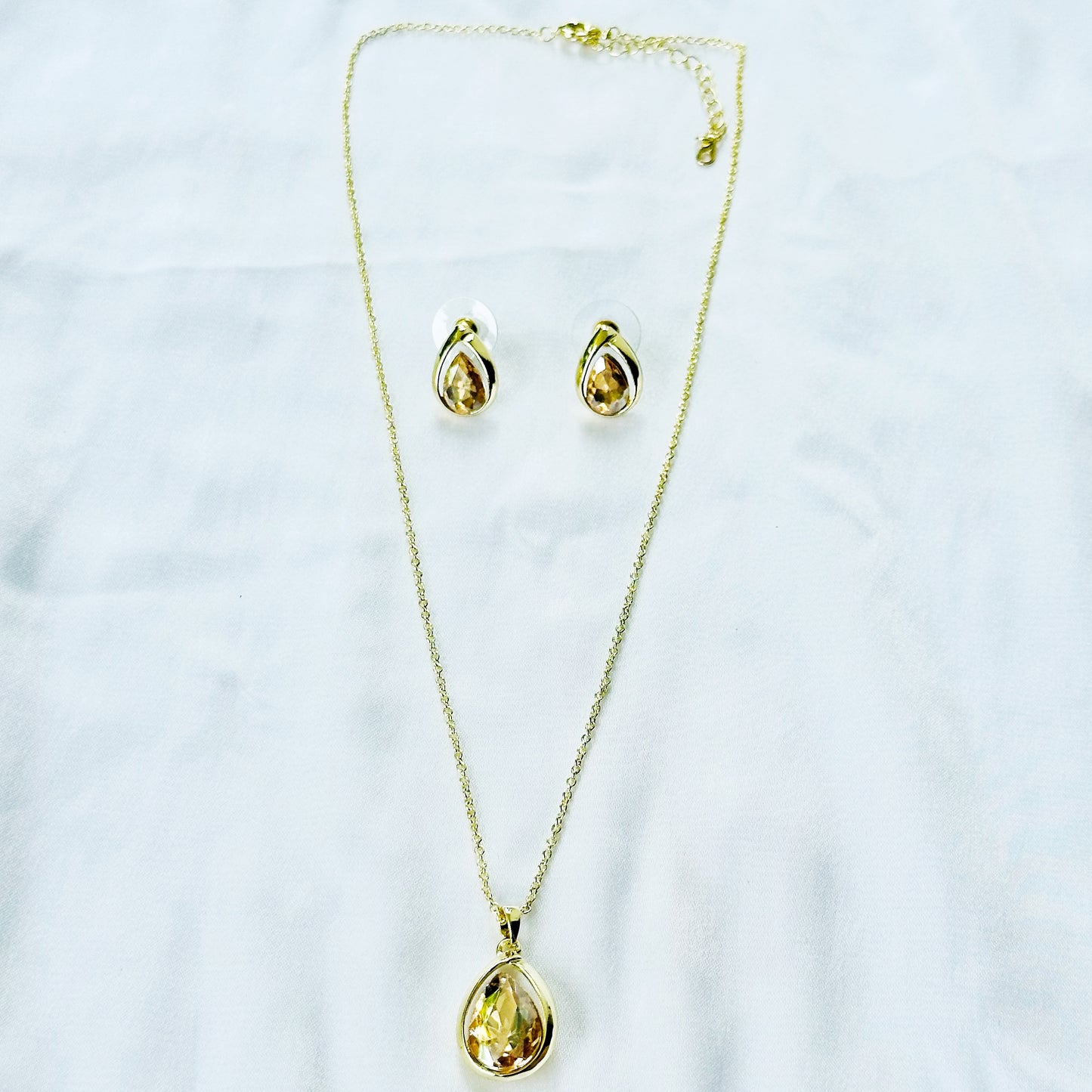 Yellow Smoked Topaz Cubic Zirconia American Diamond Gold Plated Pendant Set