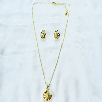 Yellow Smoked Topaz Cubic Zirconia American Diamond Gold Plated Pendant Set