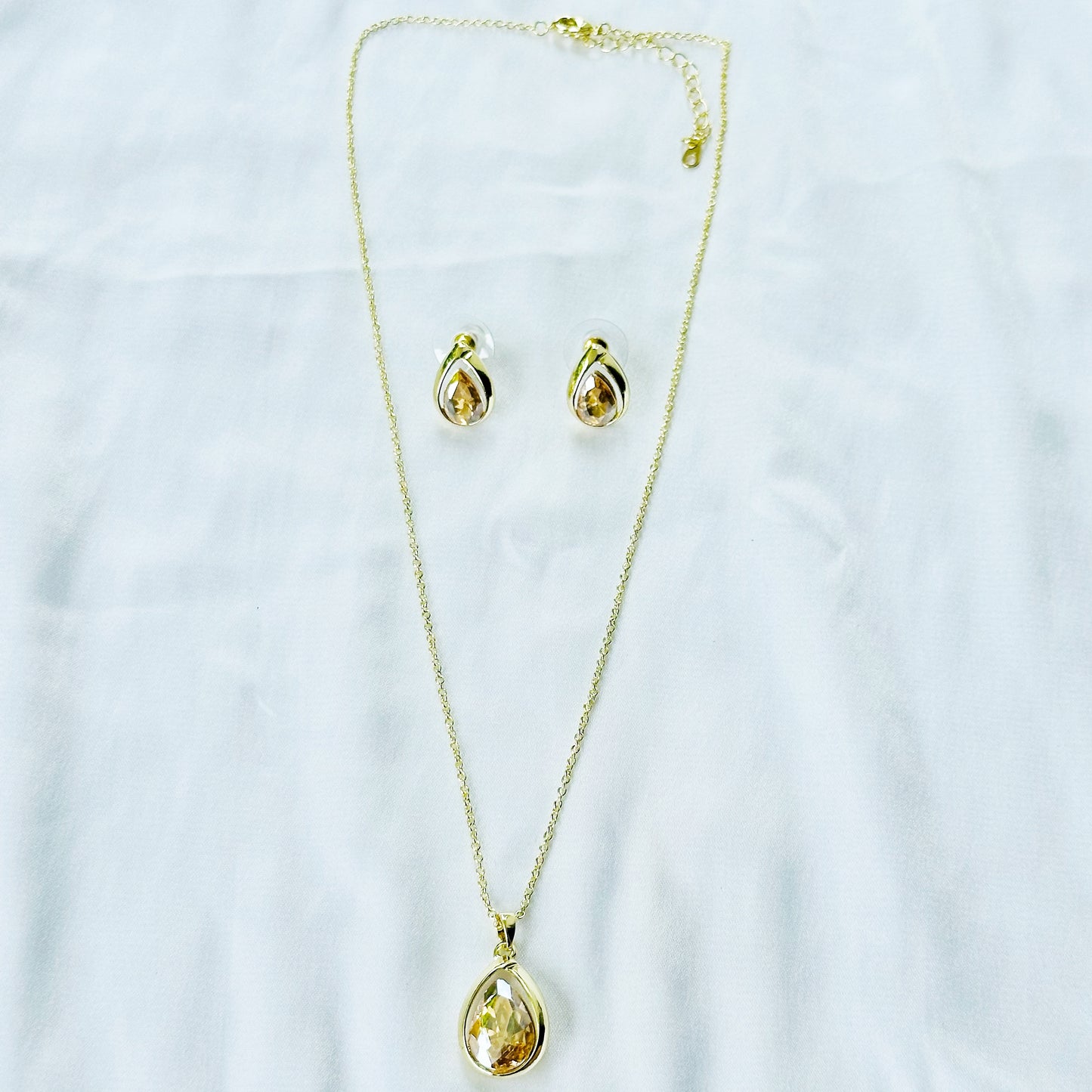 Yellow Smoked Topaz Cubic Zirconia American Diamond Gold Plated Pendant Set