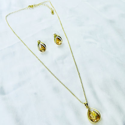 Yellow Smoked Topaz Cubic Zirconia American Diamond Gold Plated Pendant Set