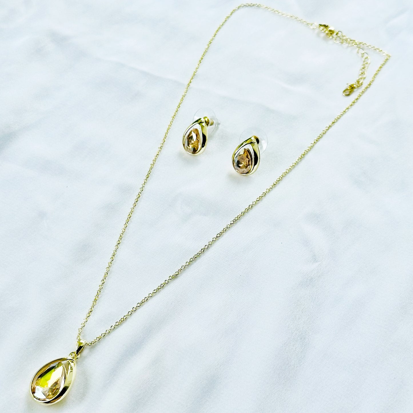 Yellow Smoked Topaz Cubic Zirconia American Diamond Gold Plated Pendant Set