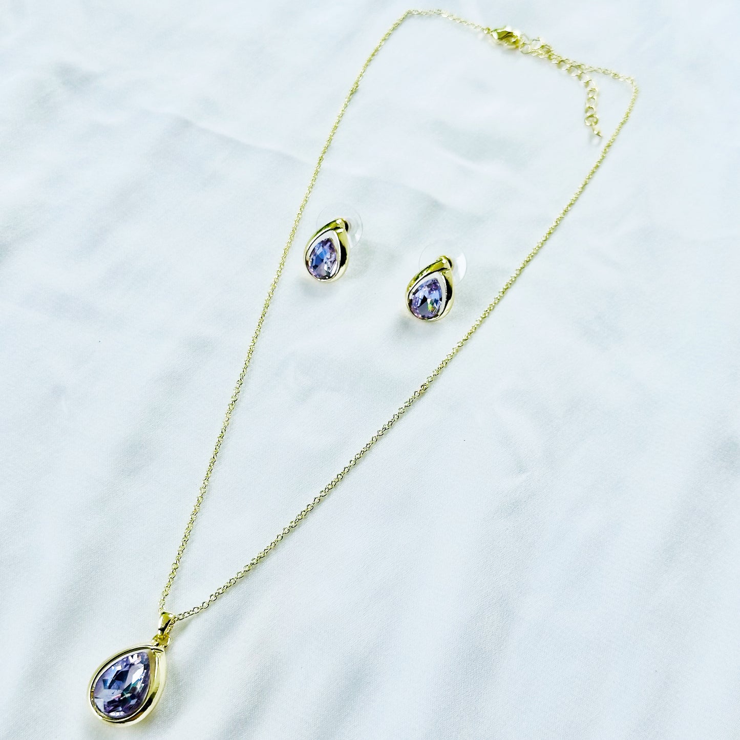 Light Purple Amethyst Cubic Zirconia American Diamond Gold Plated Pendant Set