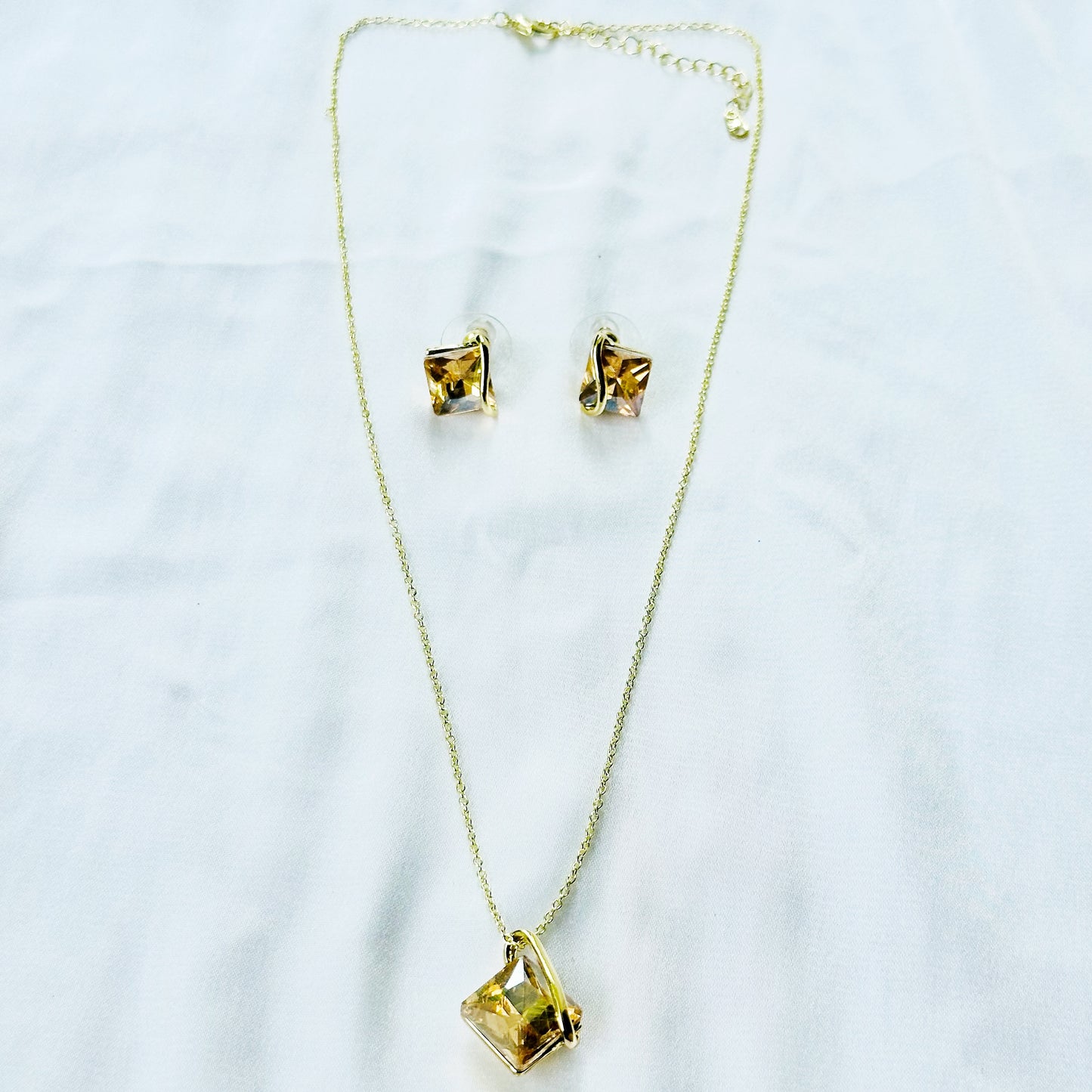 Yellow Smoked Topaz Cubic Zirconia American Diamond Gold Plated Pendant Set