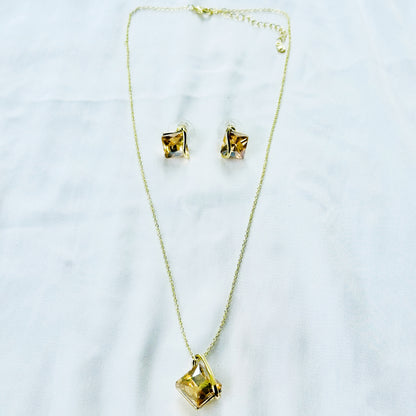 Yellow Smoked Topaz Cubic Zirconia American Diamond Gold Plated Pendant Set