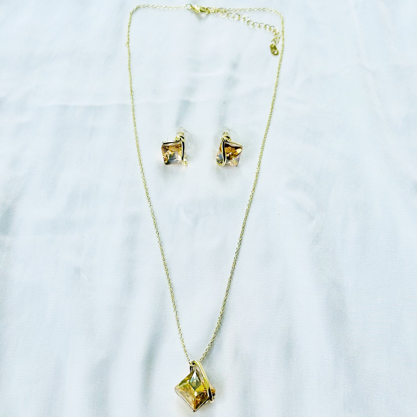 Yellow Smoked Topaz Cubic Zirconia American Diamond Gold Plated Pendant Set