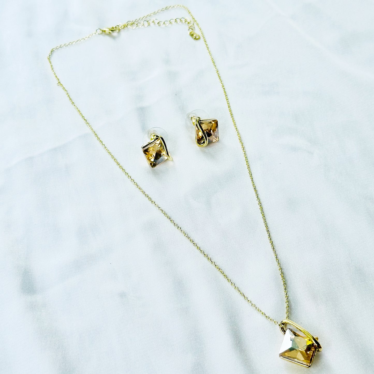 Yellow Smoked Topaz Cubic Zirconia American Diamond Gold Plated Pendant Set