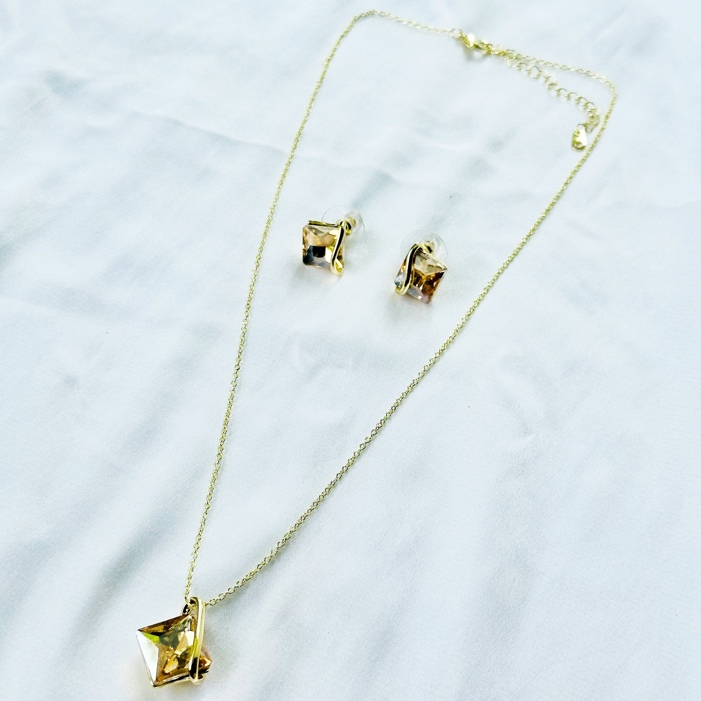Yellow Smoked Topaz Cubic Zirconia American Diamond Gold Plated Pendant Set