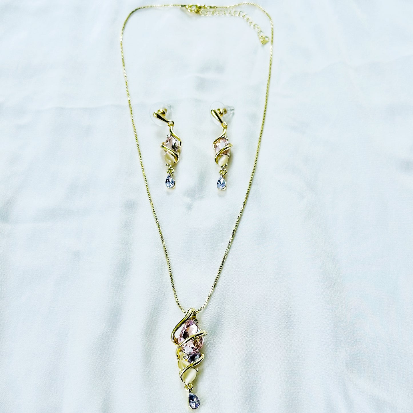 Light Purple Amethyst & Pink Topaz Cubic Zirconia American Diamond Gold Plated Pendant Set