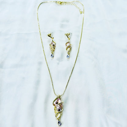 Light Purple Amethyst & Pink Topaz Cubic Zirconia American Diamond Gold Plated Pendant Set