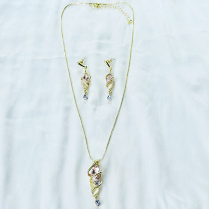 Light Purple Amethyst & Pink Topaz Cubic Zirconia American Diamond Gold Plated Pendant Set