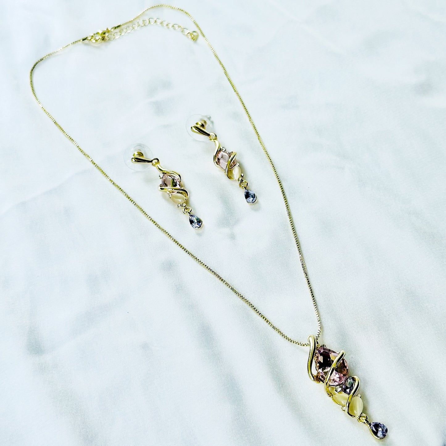 Light Purple Amethyst & Pink Topaz Cubic Zirconia American Diamond Gold Plated Pendant Set