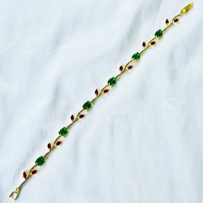 Green Emerald & Red Ruby Cubic Zirconia Tulip Design American Diamond Gold Plated Stainless Steel Bracelet