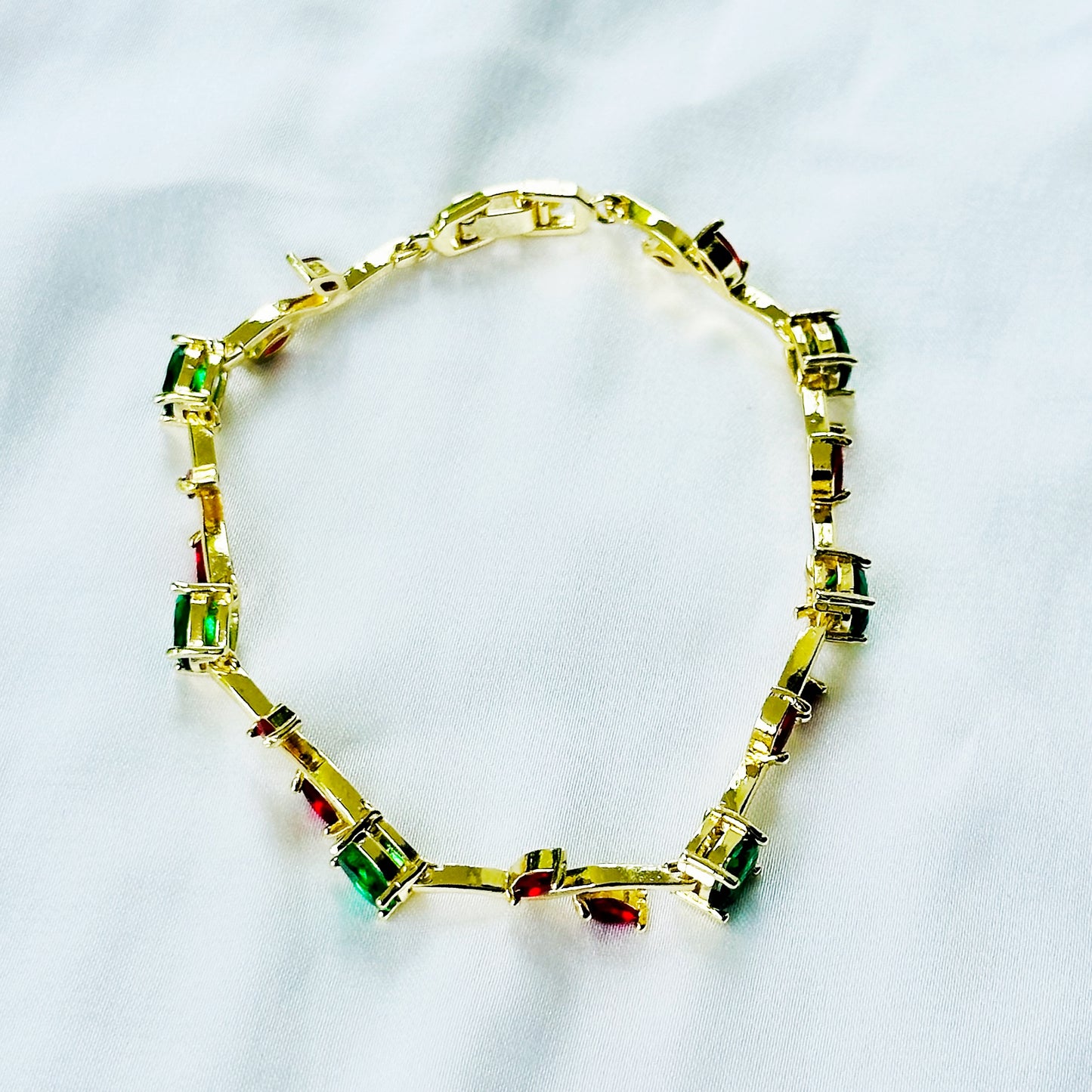 Green Emerald & Red Ruby Cubic Zirconia Tulip Design American Diamond Gold Plated Stainless Steel Bracelet