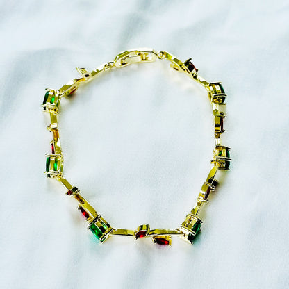Green Emerald & Red Ruby Cubic Zirconia Tulip Design American Diamond Gold Plated Stainless Steel Bracelet