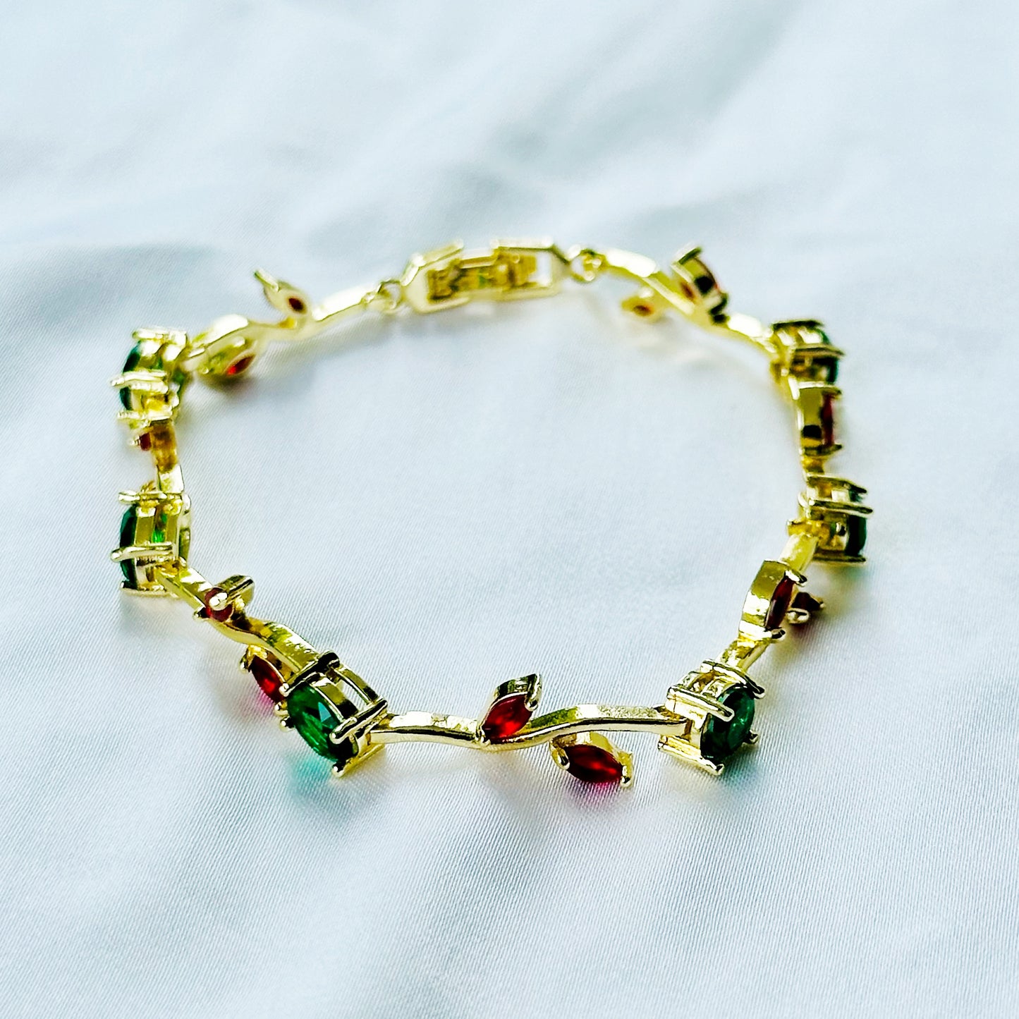 Green Emerald & Red Ruby Cubic Zirconia Tulip Design American Diamond Gold Plated Stainless Steel Bracelet