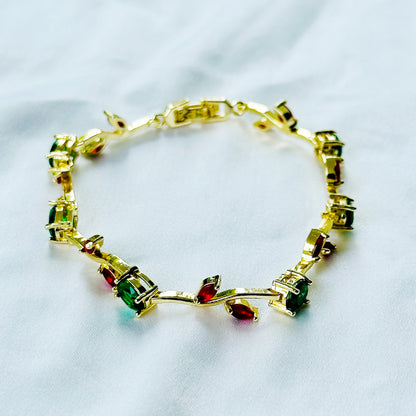 Green Emerald & Red Ruby Cubic Zirconia Tulip Design American Diamond Gold Plated Stainless Steel Bracelet
