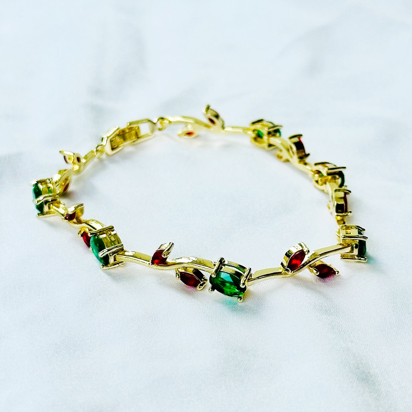Green Emerald & Red Ruby Cubic Zirconia Tulip Design American Diamond Gold Plated Stainless Steel Bracelet