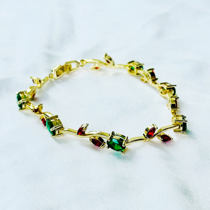 Green Emerald & Red Ruby Cubic Zirconia Tulip Design American Diamond Gold Plated Stainless Steel Bracelet