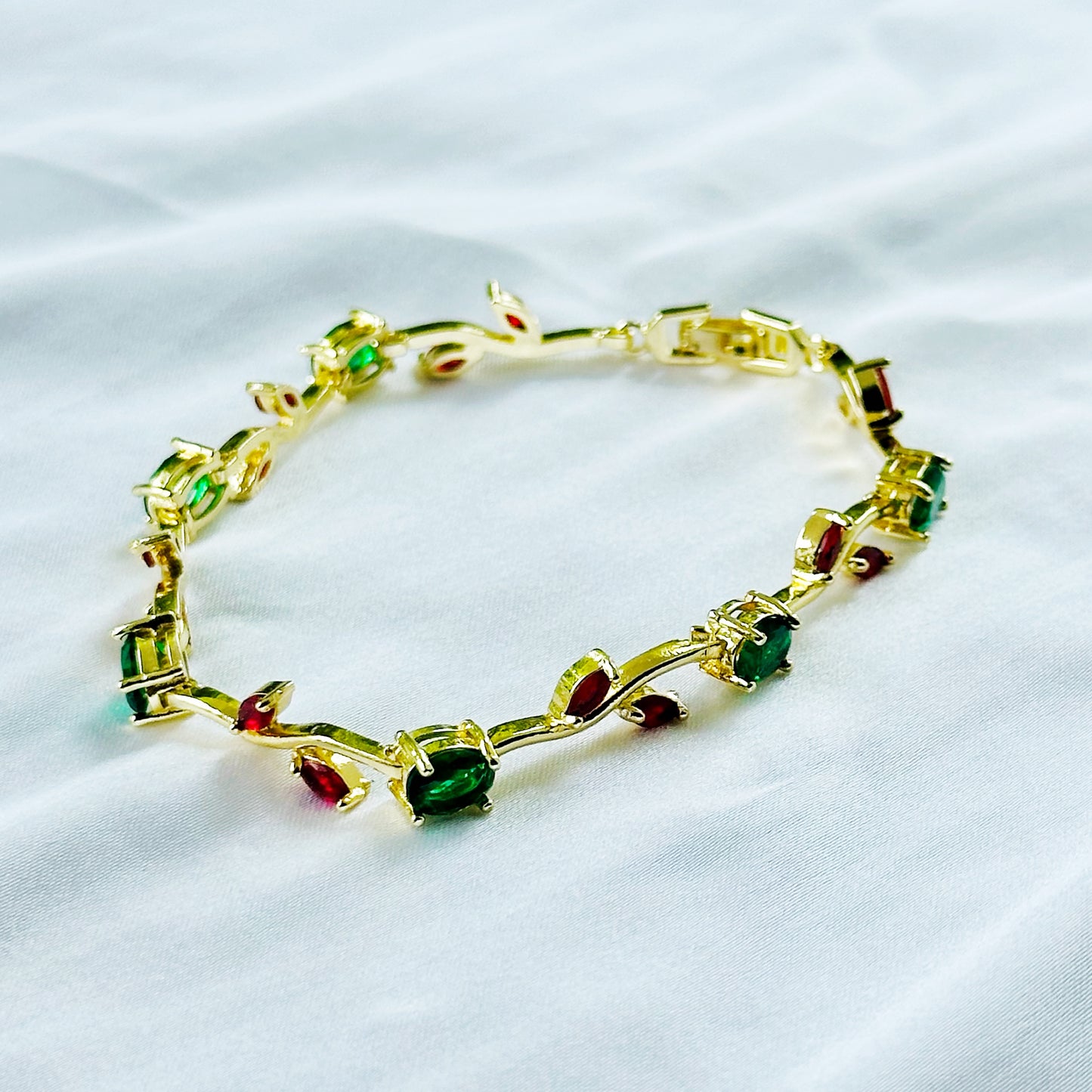 Green Emerald & Red Ruby Cubic Zirconia Tulip Design American Diamond Gold Plated Stainless Steel Bracelet