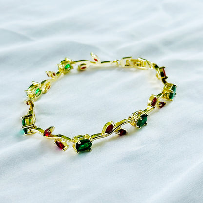Green Emerald & Red Ruby Cubic Zirconia Tulip Design American Diamond Gold Plated Stainless Steel Bracelet