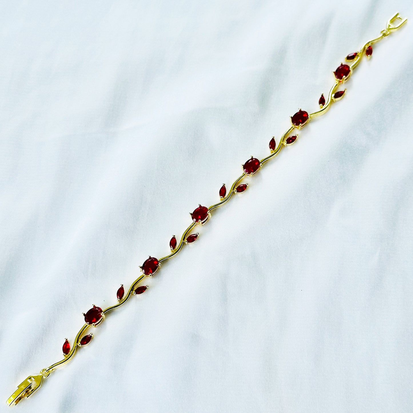 Red Ruby Cubic Zirconia Tulip Design American Diamond Gold Plated Stainless Steel Bracelet