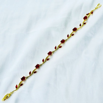 Red Ruby Cubic Zirconia Tulip Design American Diamond Gold Plated Stainless Steel Bracelet