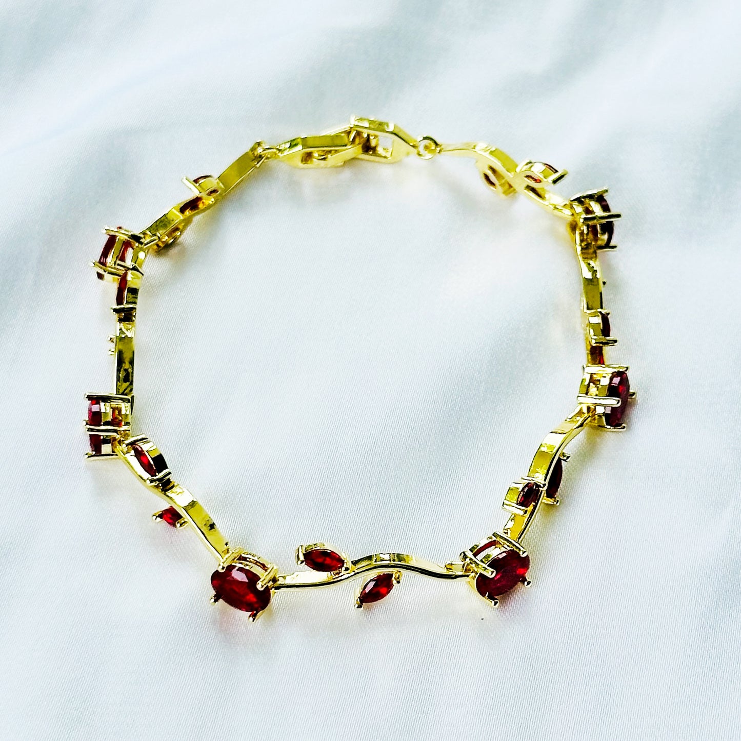 Red Ruby Cubic Zirconia Tulip Design American Diamond Gold Plated Stainless Steel Bracelet
