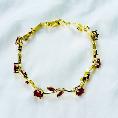 Red Ruby Cubic Zirconia Tulip Design American Diamond Gold Plated Stainless Steel Bracelet