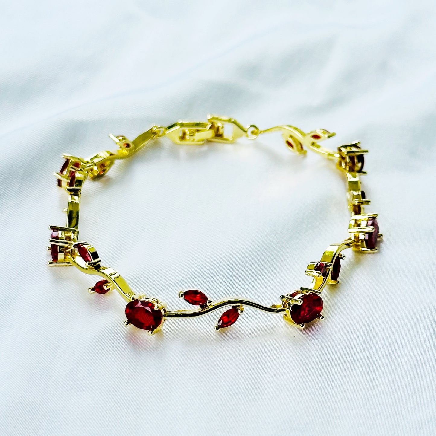 Red Ruby Cubic Zirconia Tulip Design American Diamond Gold Plated Stainless Steel Bracelet
