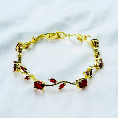 Red Ruby Cubic Zirconia Tulip Design American Diamond Gold Plated Stainless Steel Bracelet