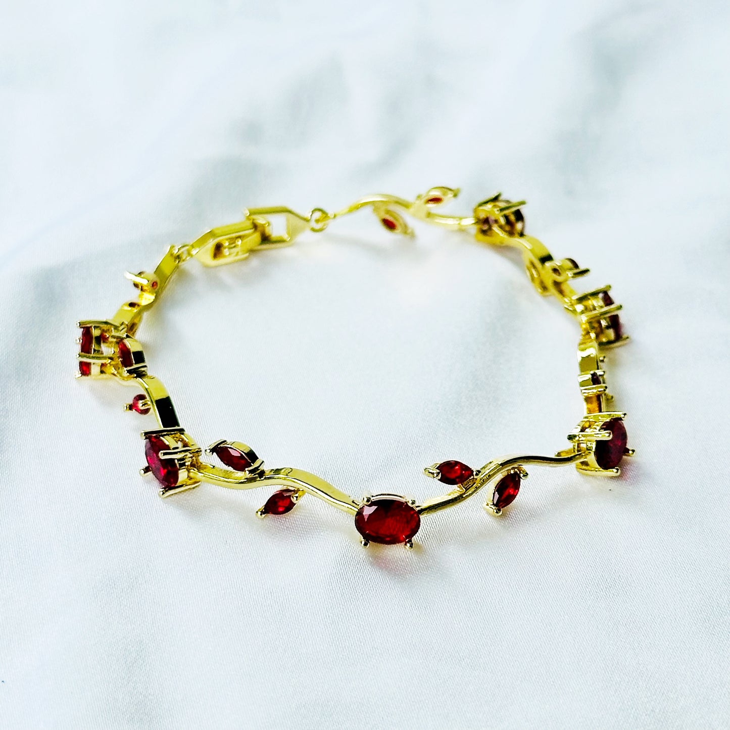 Red Ruby Cubic Zirconia Tulip Design American Diamond Gold Plated Stainless Steel Bracelet
