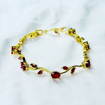Red Ruby Cubic Zirconia Tulip Design American Diamond Gold Plated Stainless Steel Bracelet