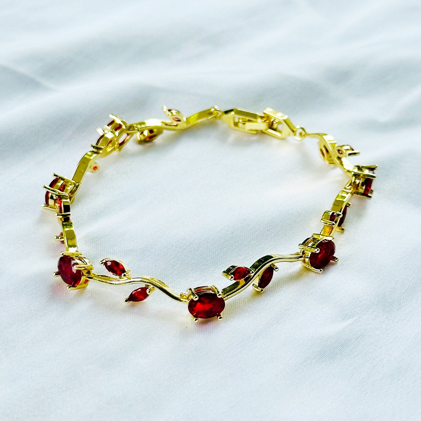 Red Ruby Cubic Zirconia Tulip Design American Diamond Gold Plated Stainless Steel Bracelet