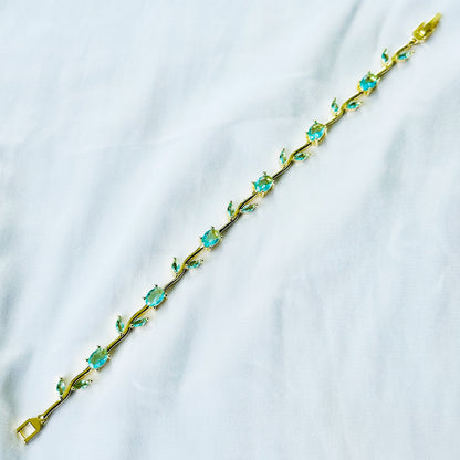 Aqua Blue Sapphire Cubic Zirconia Tulip Design American Diamond Gold Plated Stainless Steel Bracelet
